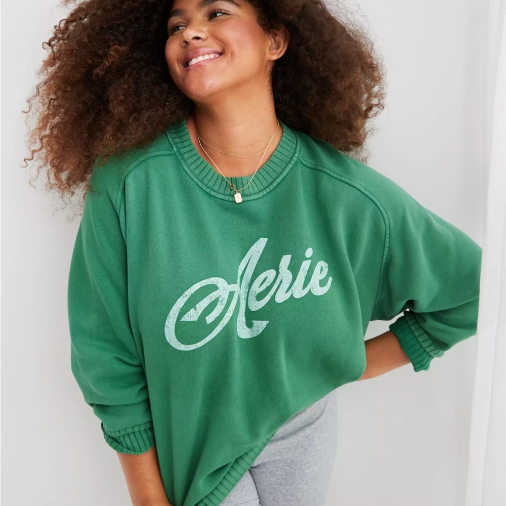 Aerie ‘Down to Earth’ Women’s Oversized Raglan Crewneck Sweatshirt Green Size S